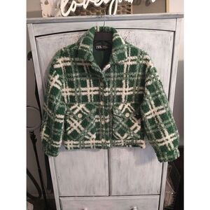Zara  Plaid Shearling Sherpa Fleece  coat Md green Y2K Outdoorsy Cozy Preppy